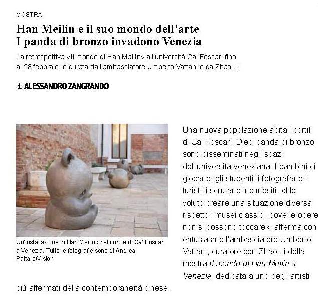 han meilin e il suo mondo dellarte i panda di bronzo invadono venezia - corriere pagina 1